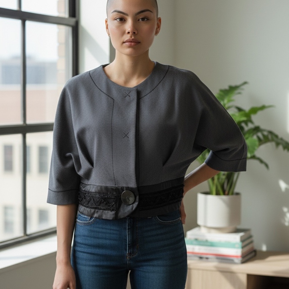 Marc Jacobs Gray and Black Jacket Top Blouse with embellishment size 10 (M)